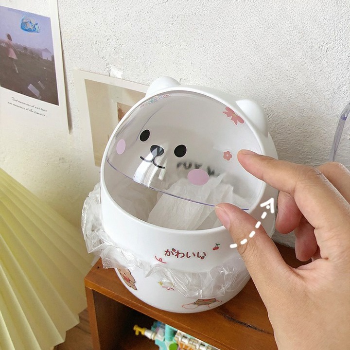 Thùng rác mini để bàn hình gấu dễ thương, sọt rác nhựa nắp lật để văn phòng tiện lợi