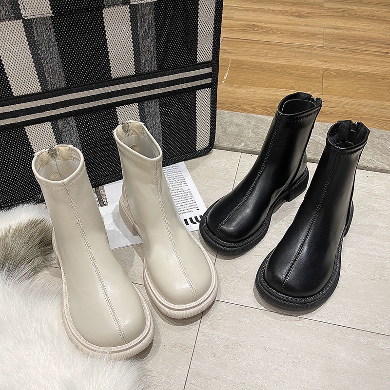 Giày Bốt Martin Da Cổ Thấp Có Khóa Kéo Thời Trang Mùa Thu Cho Nữ