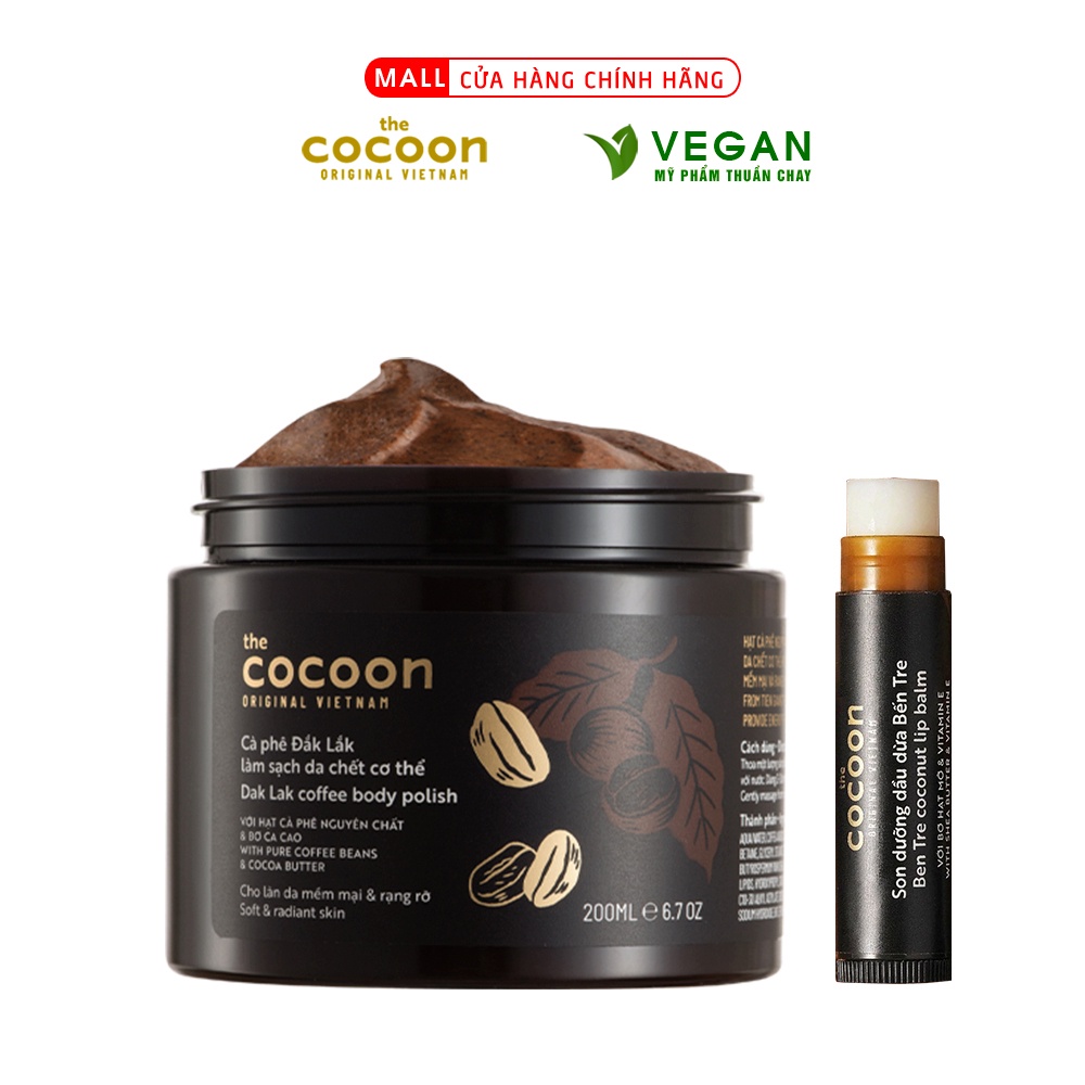 Combo Cà phê Đắk lắk làm sạch da chết cocoon 200ml + Son dưỡng dầu dừa Bến Tre cocoon 5g