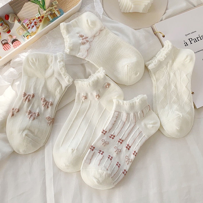 Vớ nữ ( Tất nữ ) viền bèo hoạ tiết nâu sáng đáng yêu (SK8)