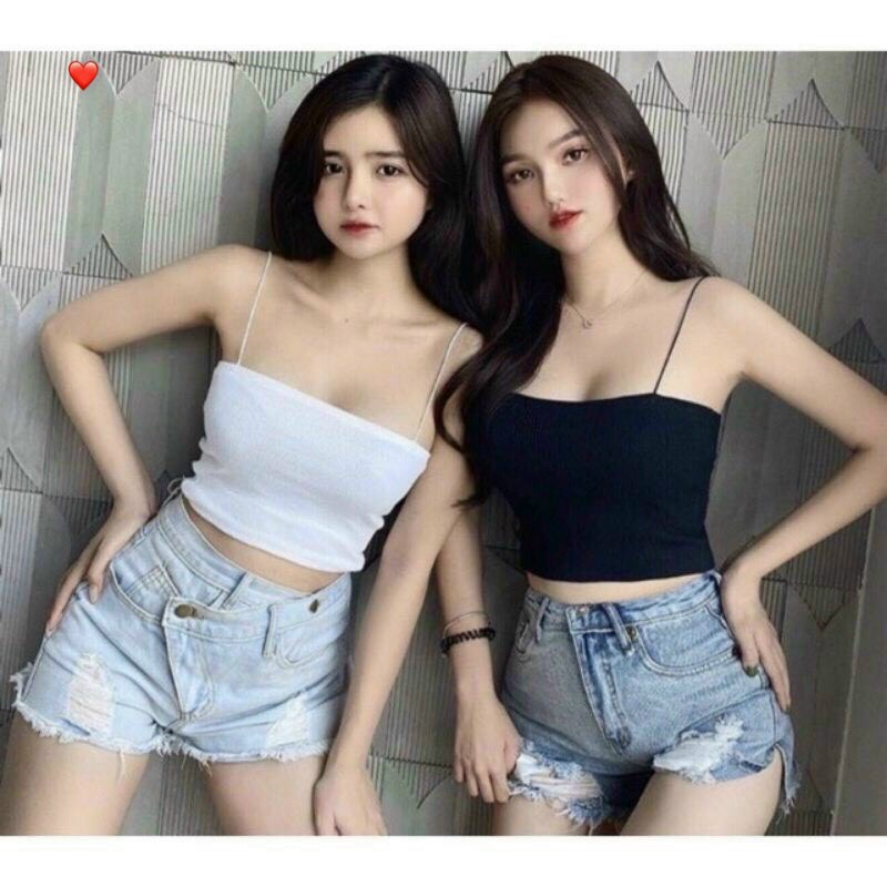 Áo croptop 2 dây sợi bún thun gân, Áo thun hai dây Croptop kiểu Sexy body dáng ôm nữ Siêu Đẹp