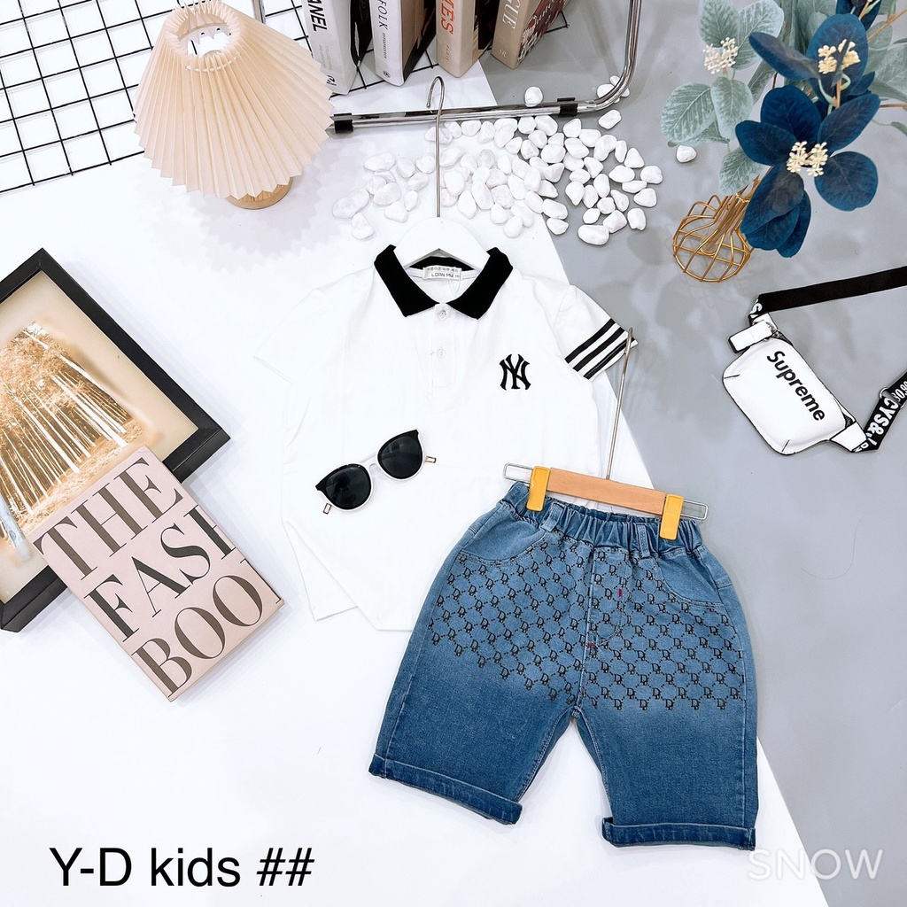 Set áo thun cổ trụ và quần jean short, set đi chơi, đi học, set năng dộng cho bé trai 013768