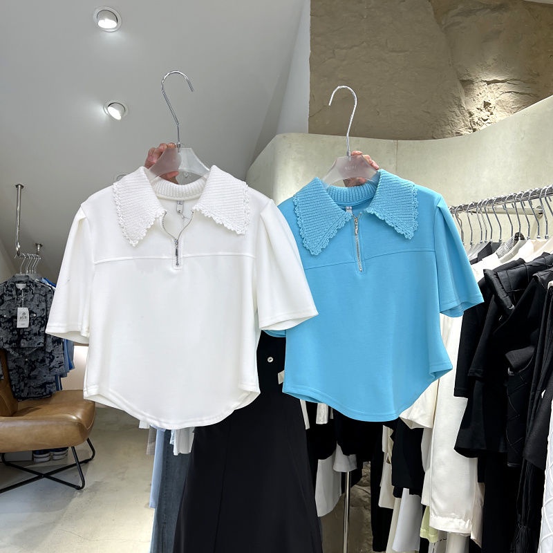 Women's 2022 spring new Korean version of polo collar zipper sleeve casual irregular hem short-sleeved T-shirt