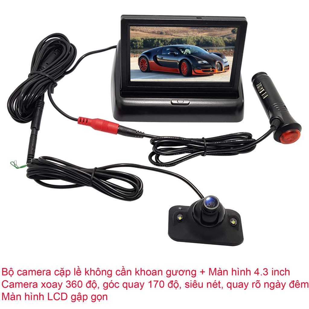 Camera cặp lề không cần khoan gương, màn hình LCD 4.3 inch gập gọn để taplo