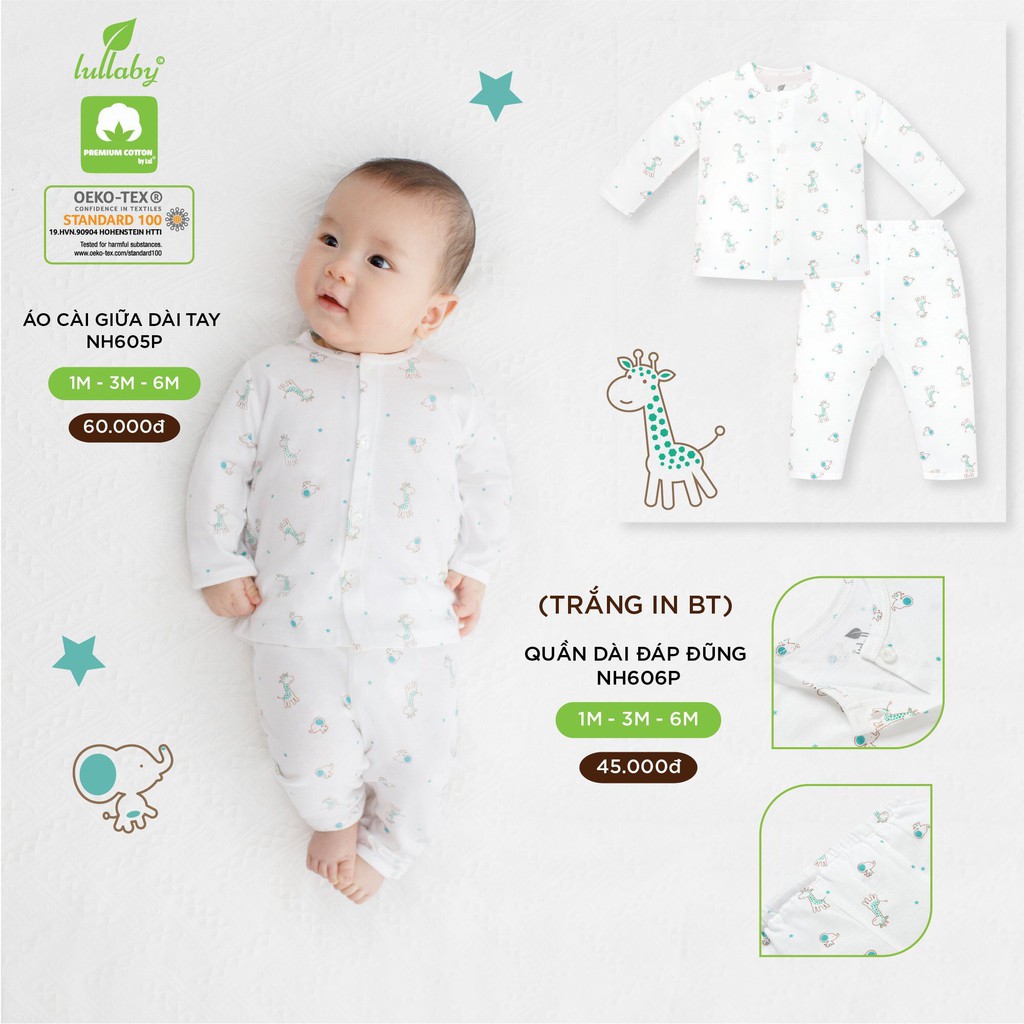 Bộ sơ sinh cài giữa LullabyNH605P, bộ quần áo dài tay cotton mềm mịn