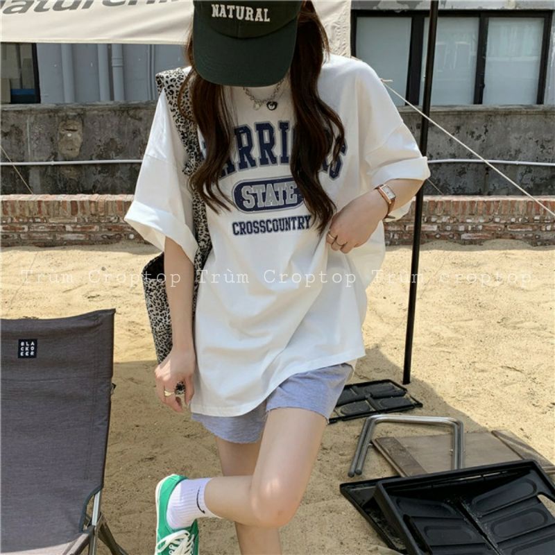 Áo Phông In Chữ STATE 2 Màu Đen Trắng , Áo Thun Tay Lỡ Oversize Nam Nữ 38-65kg
