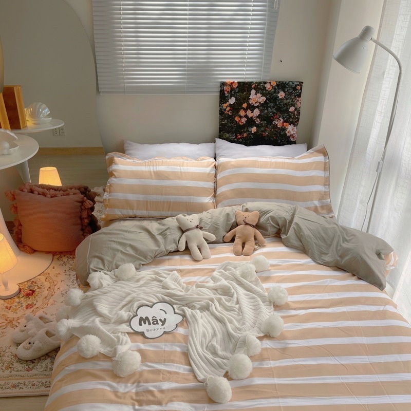 Bộ chăn ga gối Cotton Poly kẻ MÂY BEDDING đủ kích thước nệm