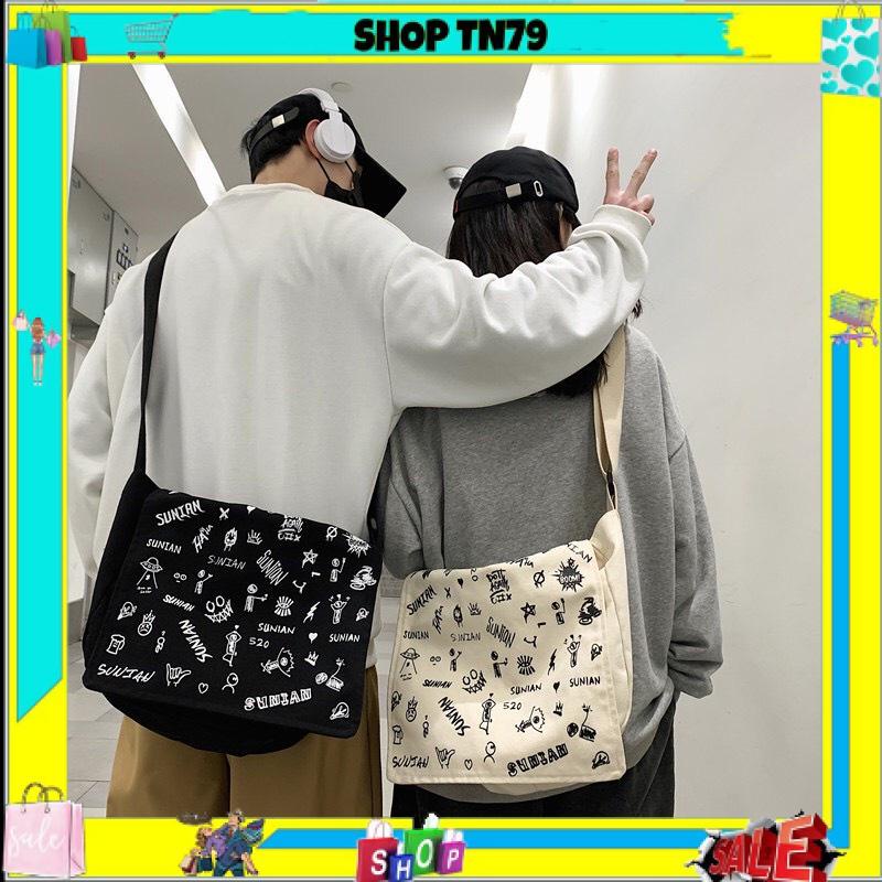 Túi tote vải đeo chéo canvas unisex cao cấp đựng vừa khổ giấy A4 đi học , đi chơi