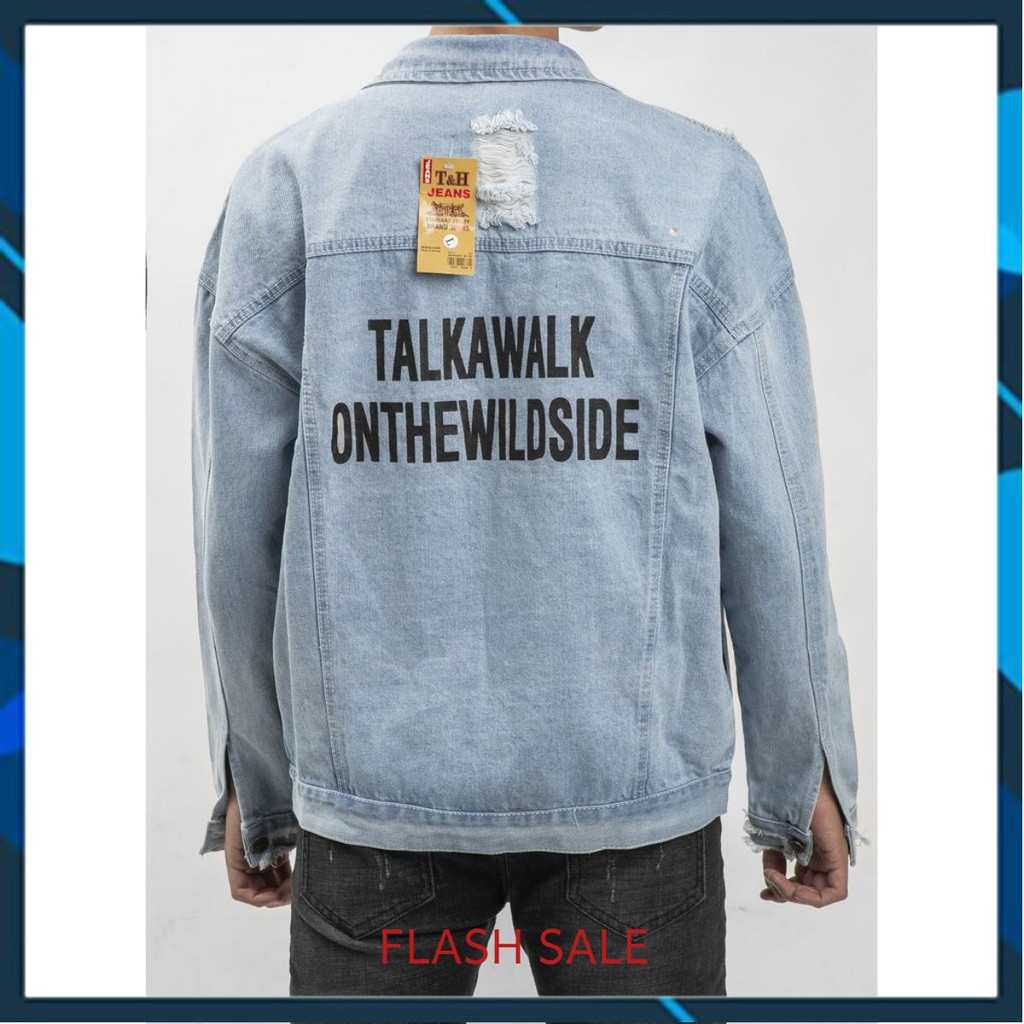 Áo khoác Jean Nam phối chữ TalkAWalk, áo khoác bò Nam thời trang cao cấp examtishop