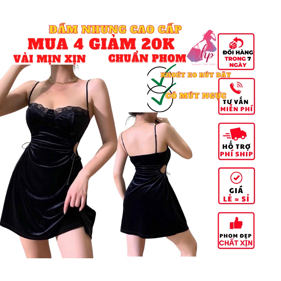 Váy đầm 2 dây nữ body nhung mềm mịn khoét eo rút dây có mút ngực quốc dân màu trắng đen sang chảnh dự tiệc- VD13...