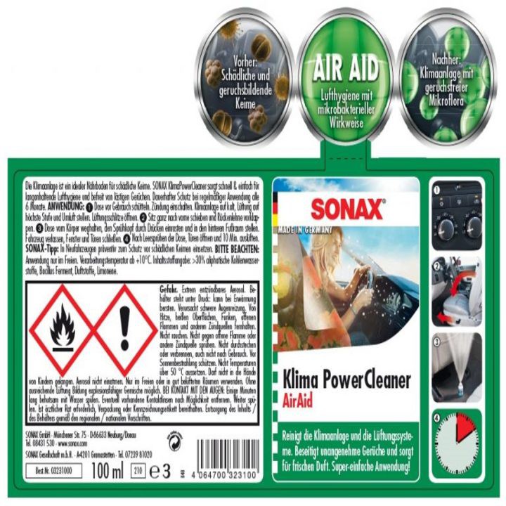 Chai khử mùi, diệt khuẩn làm sạch dàn lạnh trong xe ô tô, thương hiệu Sonax 323100 dung tích: 100 ml - Hàng chính hãng