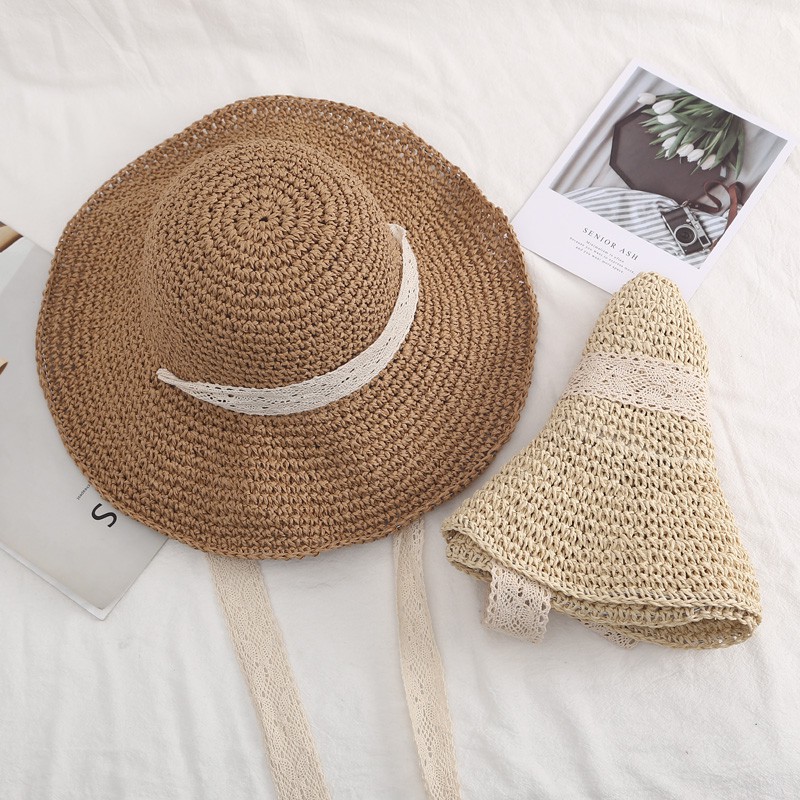 Nón Cói Vành Rộng Mềm Nữ Nơ Ren Đơn Giản Đi Biển