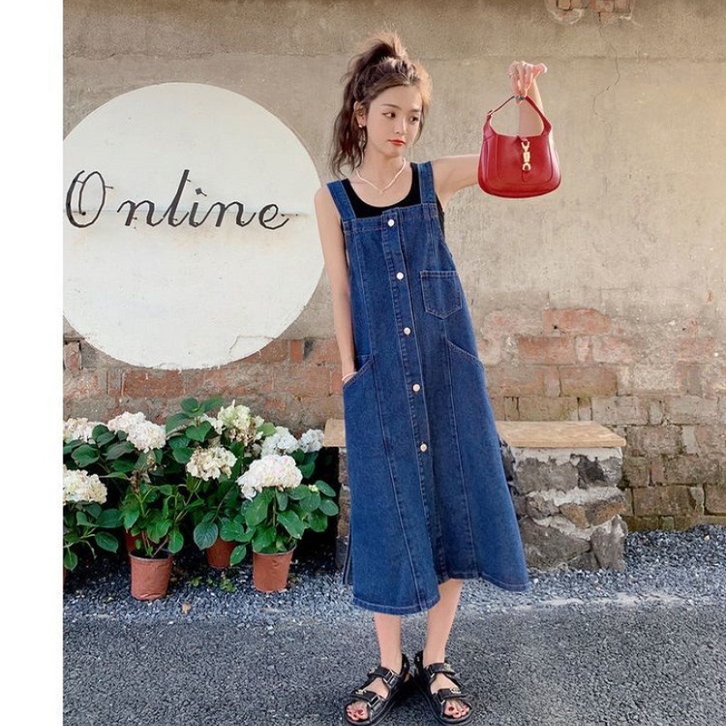 IELGY Đầm Yếm denim Xanh Dương Dáng Rộng Phong Cách Hàn Quốc Thời Trang Mùa Hè Mới Cho Nữ