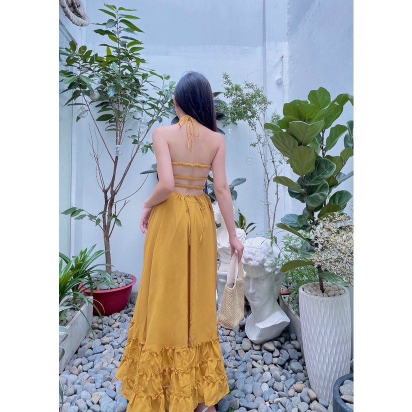 [HÌNH THẬT] Đầm maxi đi biển màu vàng nhún ngực hở lưng hot trend - MIXIZ HOUSE