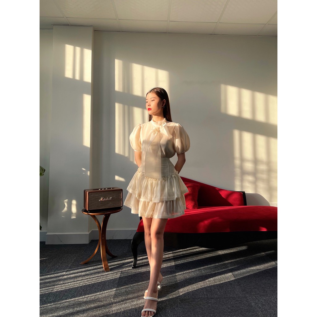 Set áo sơ mi và chân váy organza nữ HB HUONGBOUTIQUE HBSM887