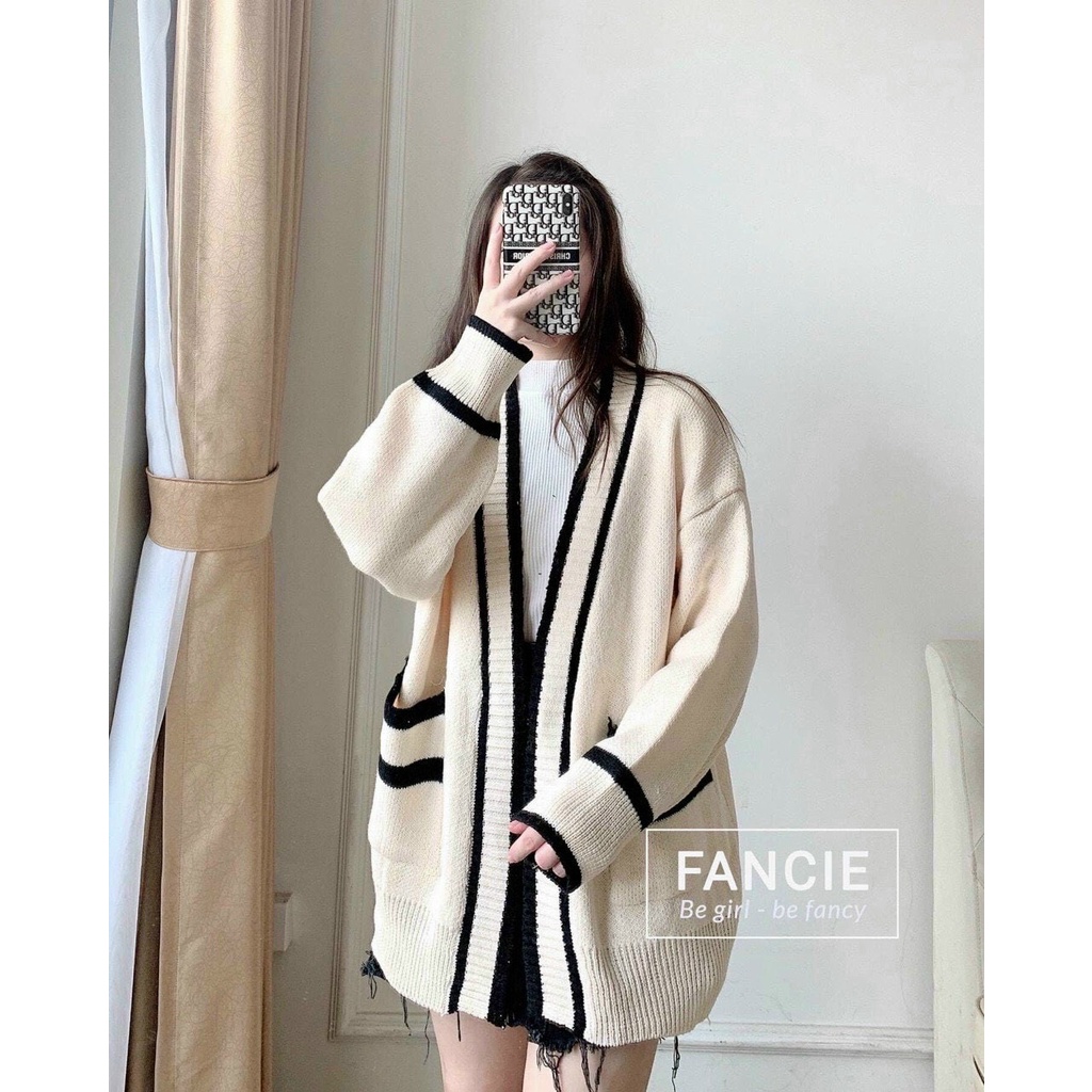 KHOÁC LEN CADIGAN HỌA TIẾT VIỀN SỌC 2 TÚI TRƯỚC BASIC LEN QUẢNG CHÂU ĐẸP LB160