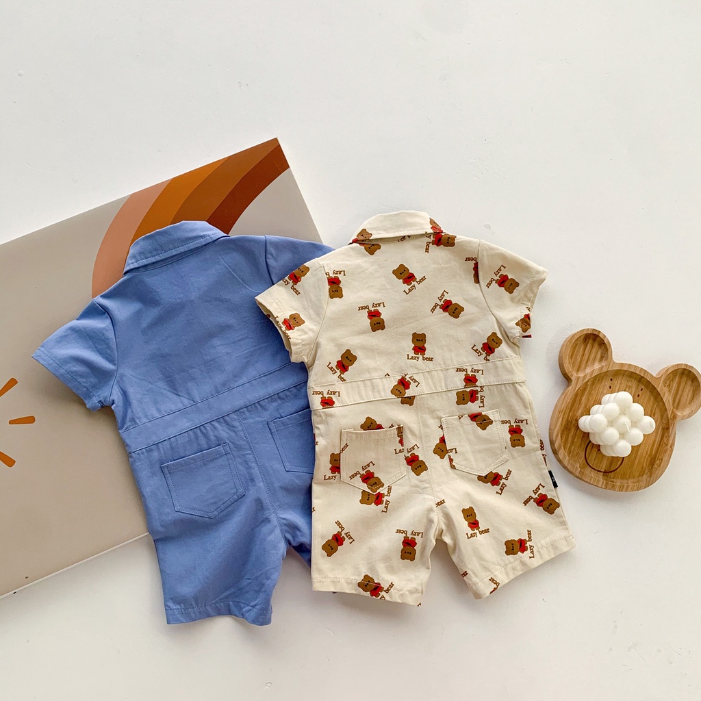 Bộ Áo Liền Quần Tay Ngắn In Hình Chú Gấu Dễ Thương Thời Trang Mùa Hè Cho Bé Trai