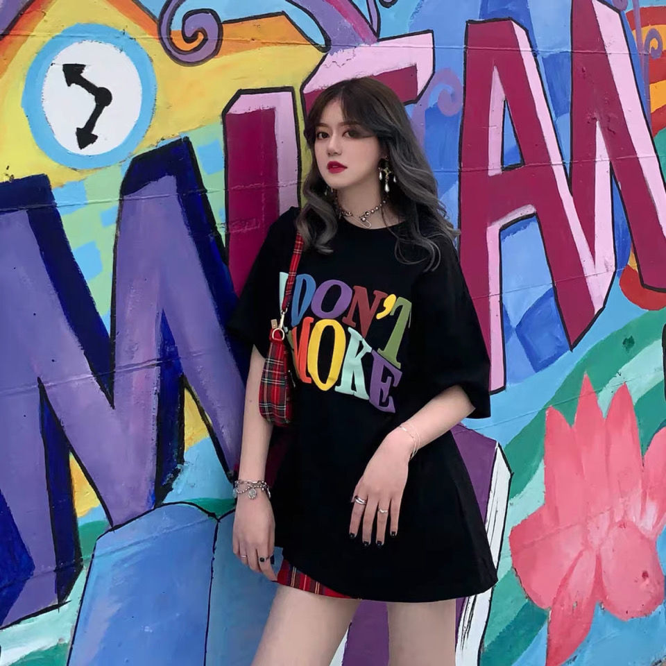 Áo thun tay ngắn họa tiết chữ cầu vồng phong cách Hàn Quốc thời trang cho nữ