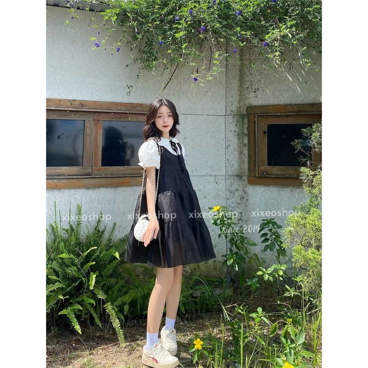 Set váy yếm babydoll đen kèm áo sơ mi trắng cổ nơ dễ thương xixeoshop - v181
