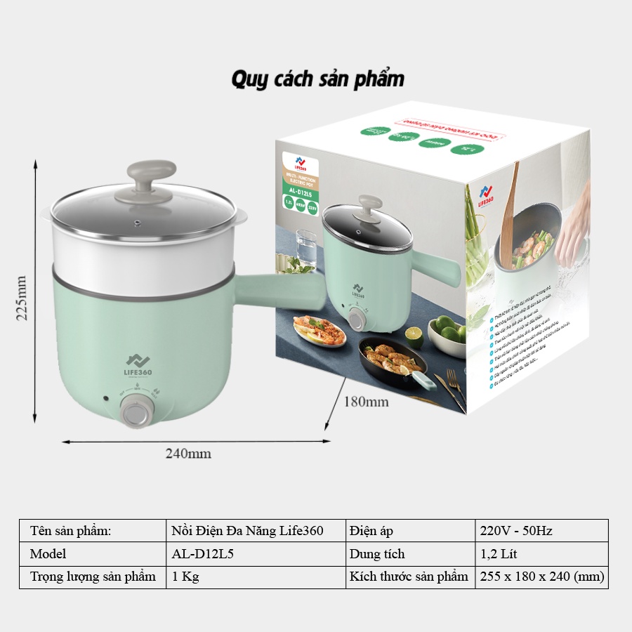 Nồi lẩu điện đa năng Life360 AL-D12L5 Xanh - Hàng chính hãng- Bảo hành 12 tháng