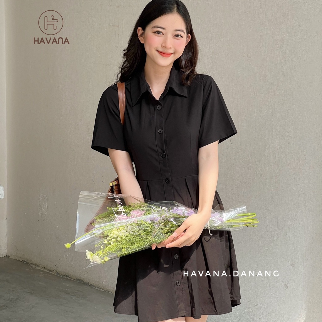 Đầm sơ mi nữ cộc tay dáng xòe, đầm polo khoét lưng eo chun buộc nơ phong cách AE182