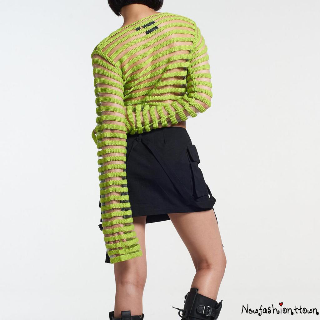 Áo Thun Crop Top Dệt Kim Xuyên Thấu Họa Tiết Kẻ Sọc Màu Xanh Lá Thời Trang Mùa Hè Y2K