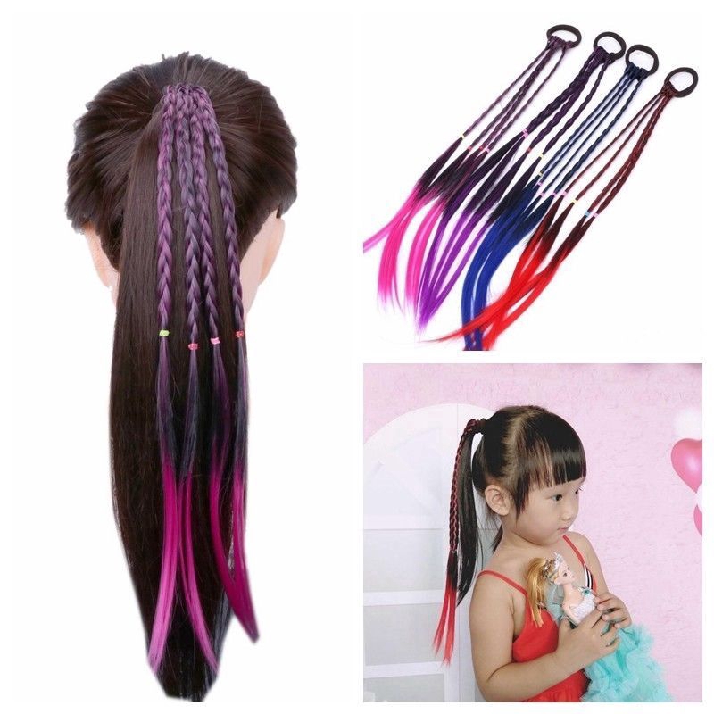 Dây buộc tóc đính kèm tóc giả nhiều màu cho bé gái
