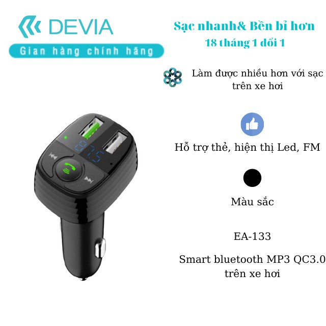 Bộ sạc trên xe hơi Devia bluetooth MP3 smart QC3.0- hàng chính hãng