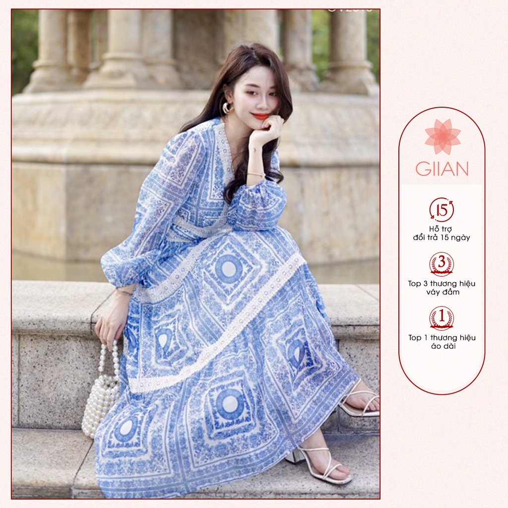 Váy xanh dáng dài phối ren, họa tiết in thổ cẩm GV2515 - Chính hãng Giian