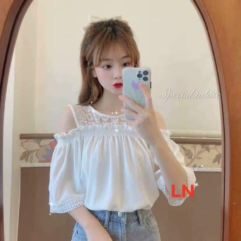 Áo sơmi von phối ren trễ vai DA45