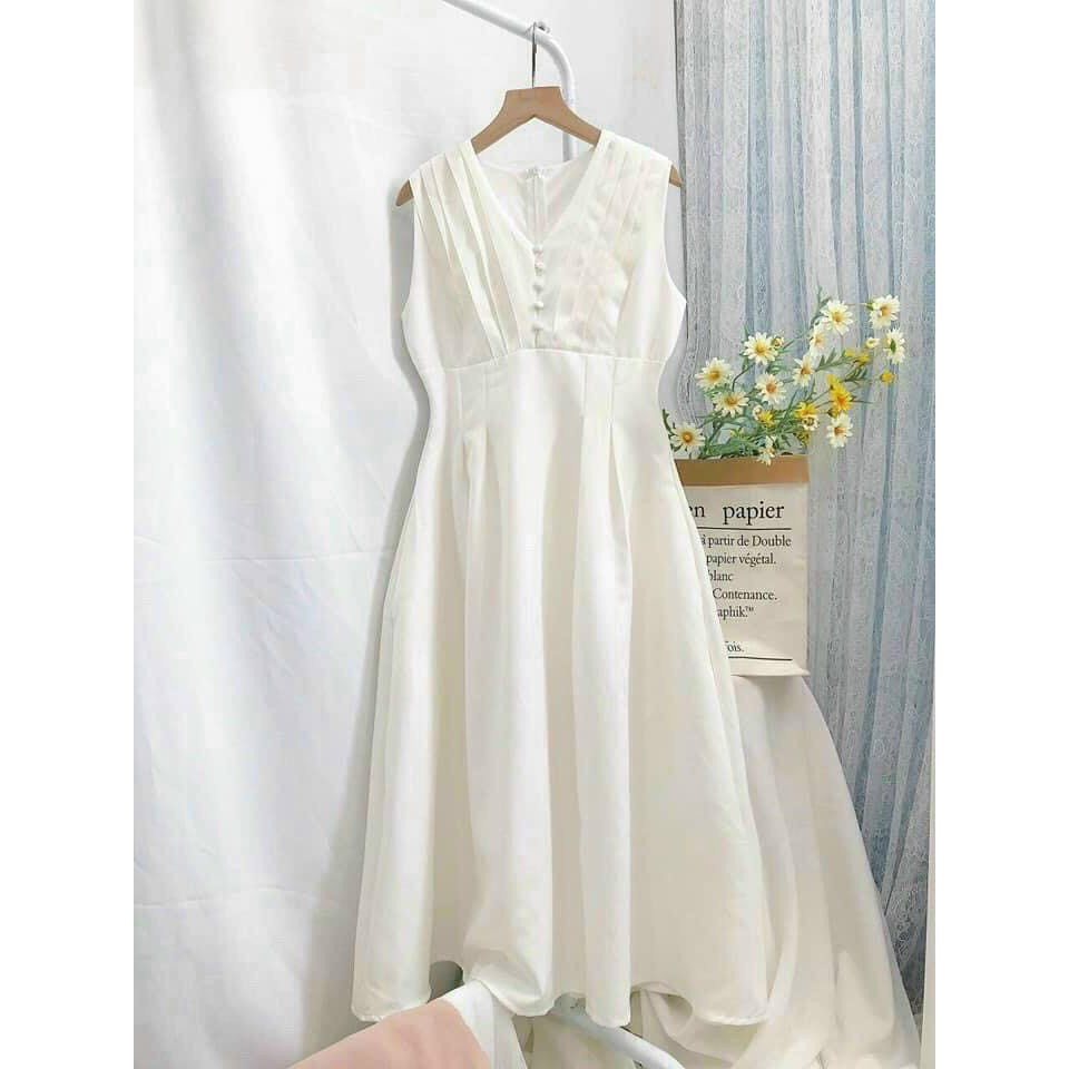 Đầm dự tiệc nữ, Đầm trắng nữ cổ chữ V phối nút xếp ly phong cách sang trọng quý phái - cece house