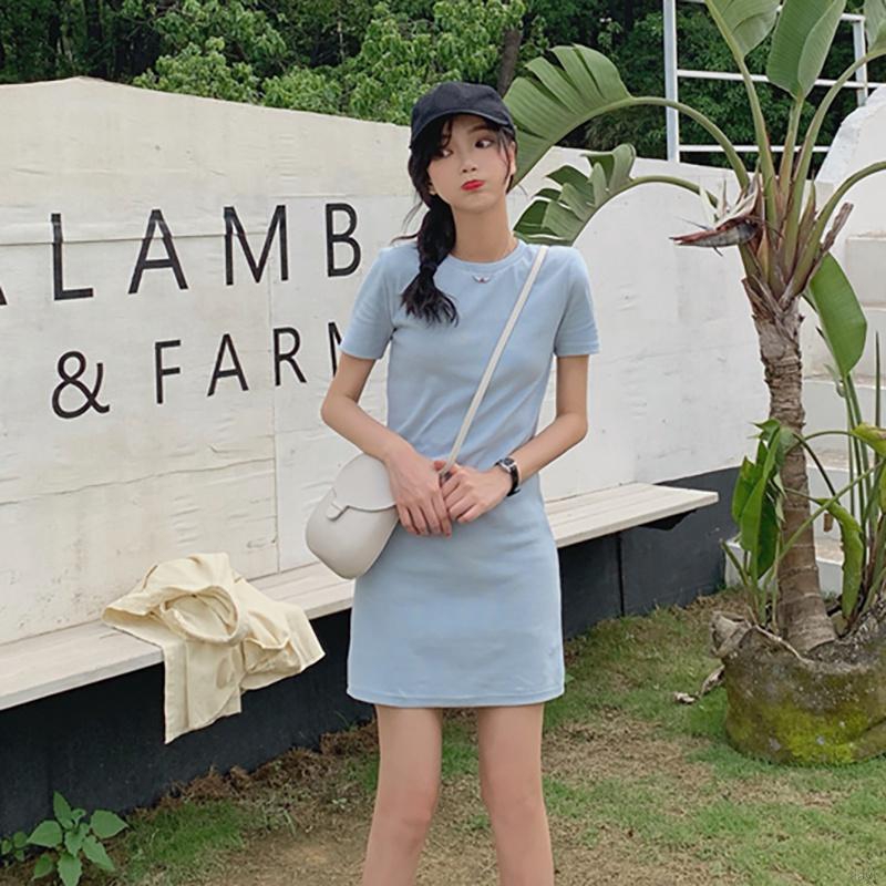 Đầm Chữ A Tay Ngắn Cổ Tròn Màu Trơn Phong Cách Hàn Quốc Thời Trang Cho Nữ