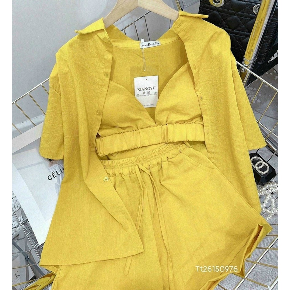 Sét bộ đồ nữ 3 món đi biển gồm 1 áo 2 dây bên trong ( có mút ) phối áo sơ mi ngoài mix quần cộc ống rộng vải mát
