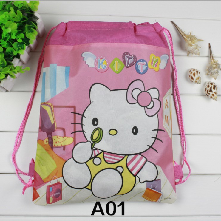 1 Balo Dây Rút Vải Không Dệt Hình Mèo Hello Kitty