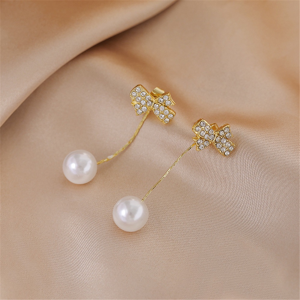 Bông tai hợp kim dáng dài đính nơ phối ngọc trai thanh lịch cho nữ