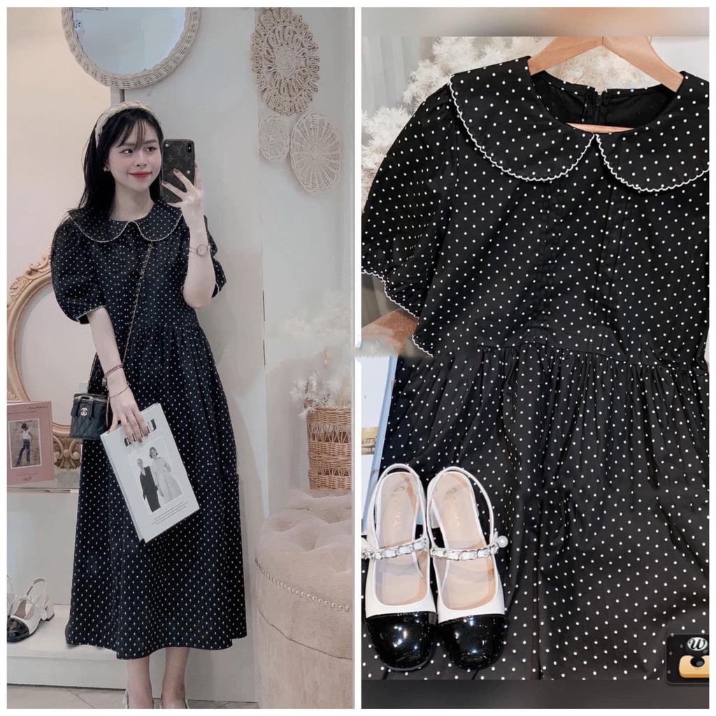 Váy bầu ngắn tay chấm bi cổ thủy thủ thời trang thiết kế công sở mặc đi chơi đi làm thoải mái Mom and Baby M540