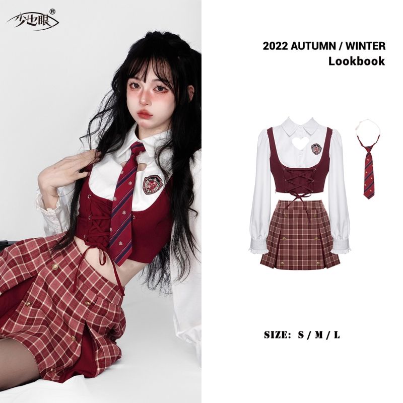 Bộ Áo Sơ Mi Giả Hai Mảnh + Chân Váy Xếp Ly Phong Cách Preppy Thời Trang Mùa Thu 2022