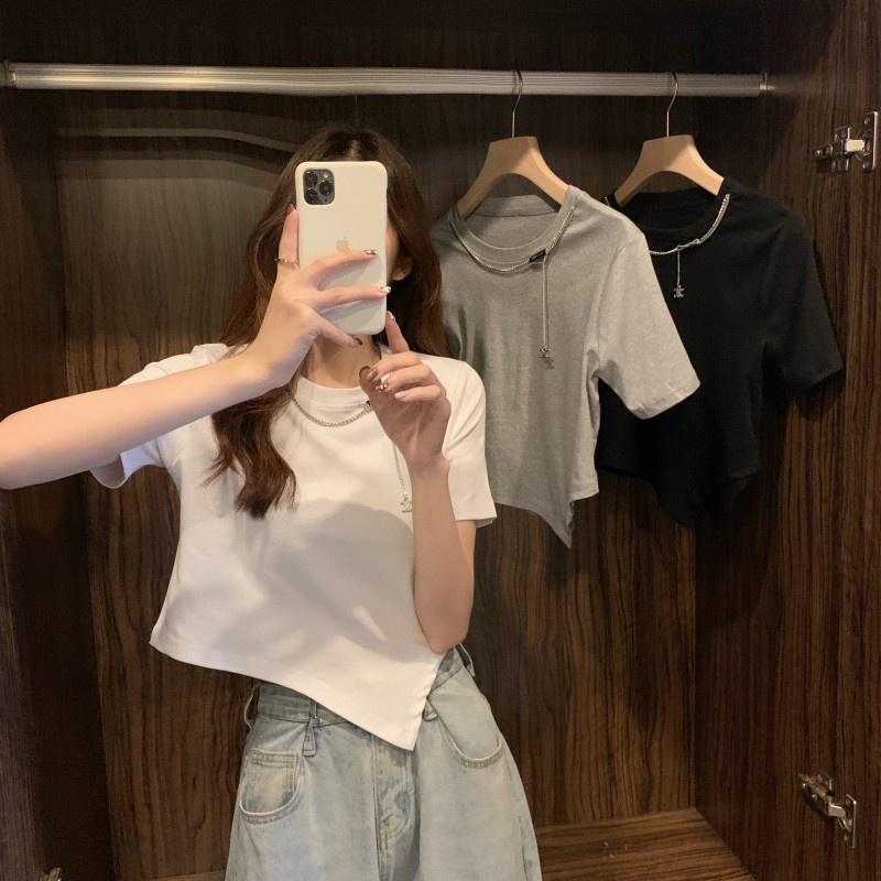 Áo Thun Tay Ngắn Màu Trắng Thiết Kế Lệch Tà Thời Trang Hè Cá Tính Cho Nữ