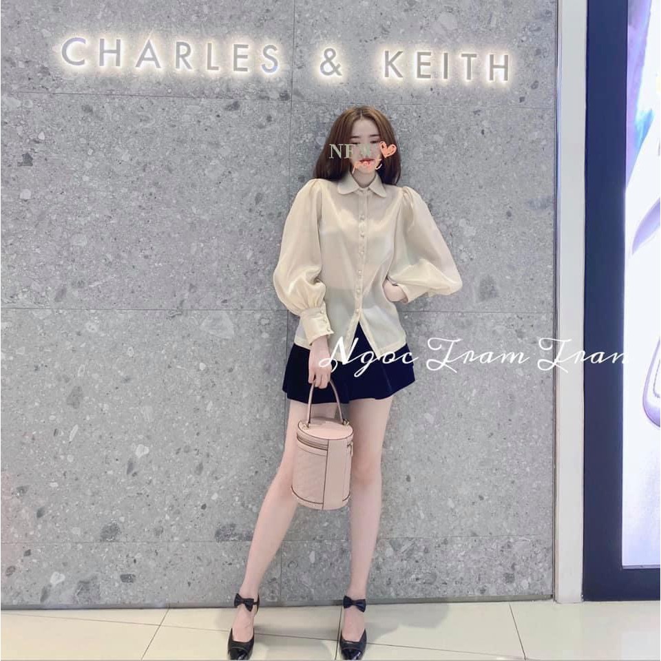 [Mã FAMARAL1 giảm 10K đơn 50K] ÁO SƠ MI MÀU BE CỔ SEN TAY BỒNG