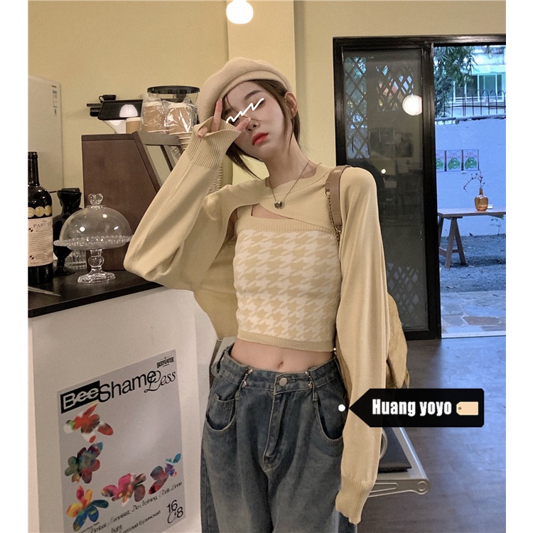 Áo dệt kim nữ hai dây họa tiết caro đơn giản thời trang | BigBuy360 - bigbuy360.vn