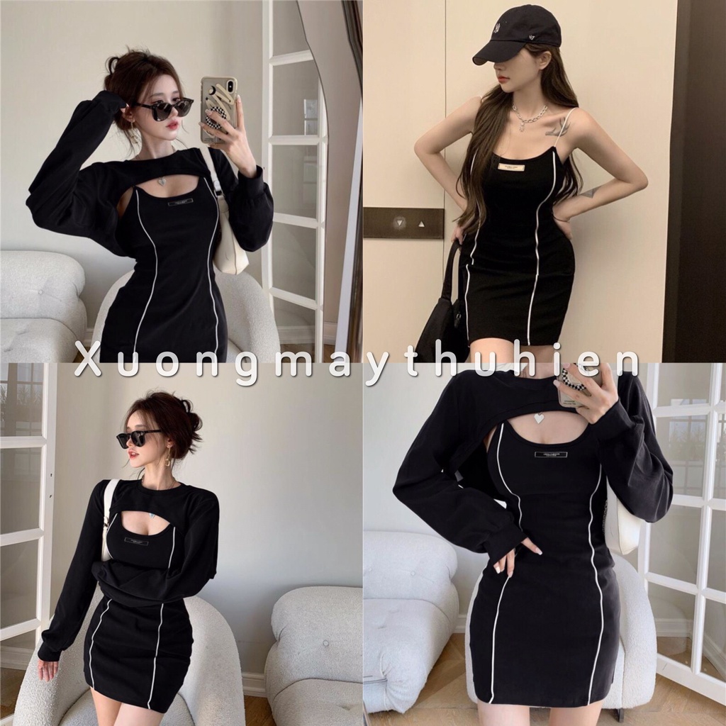 Set váy body nữ khoét ngực quyến rũ họa tiết sọc trắng cá tính/ Set váy 2 dây kèm áo crt tay dài thời trang hàn quốc | BigBuy360 - bigbuy360.vn