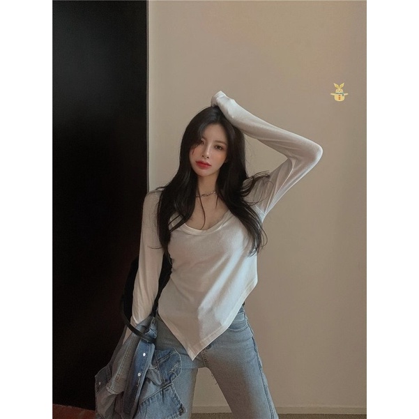 NZN Áo thun dài tay màu sắc đơn giản thanh lịch cho nữ