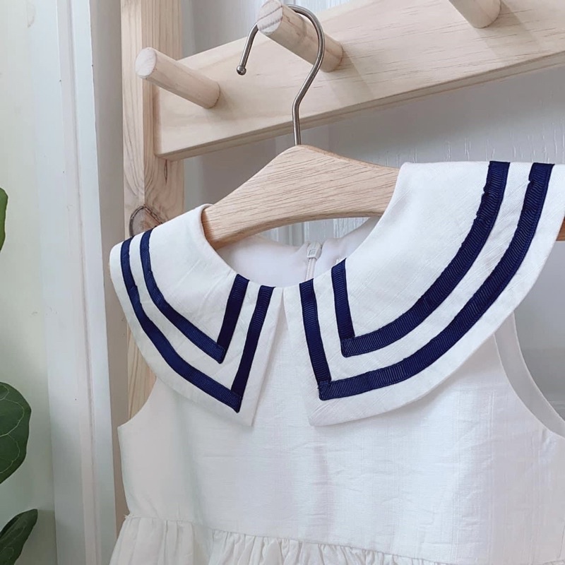 Đầm thiết kế Góc Mơ cổ thủy thủ cho bé gái, 100% cotton, màu trắng dễ thương xinh xắn