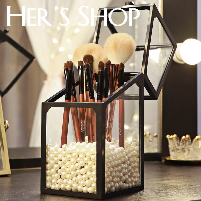 Hộp Đựng Cọ Trang Điểm Để Bàn Trong Suốt Hình Chữ Nhật Lục Giác Viền Đen Trắng - Hộp Bảo Quản Cọ Có Nắp Đậy Chống Bụi
