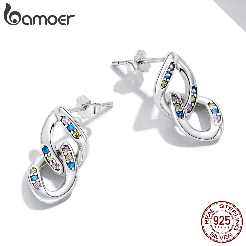 Đôi bông tai Bamoer SCE1377 bằng bạc 925 hình đầu xích đôi sành điệu cho nữ