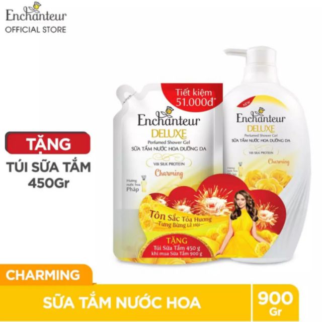 Sữa tắm nước hoa Enchanteur Charming nồng nàn quyến rũ 900gr - Tặng Túi Sữa tắm 450gr