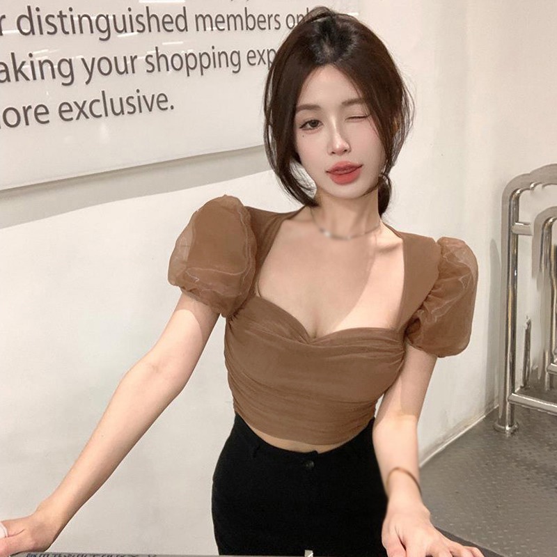 Áo Croptop Tay Phồng Cổ Vuông Màu Sắc Trơn Phong Cách Hàn Quốc Cho Nữ