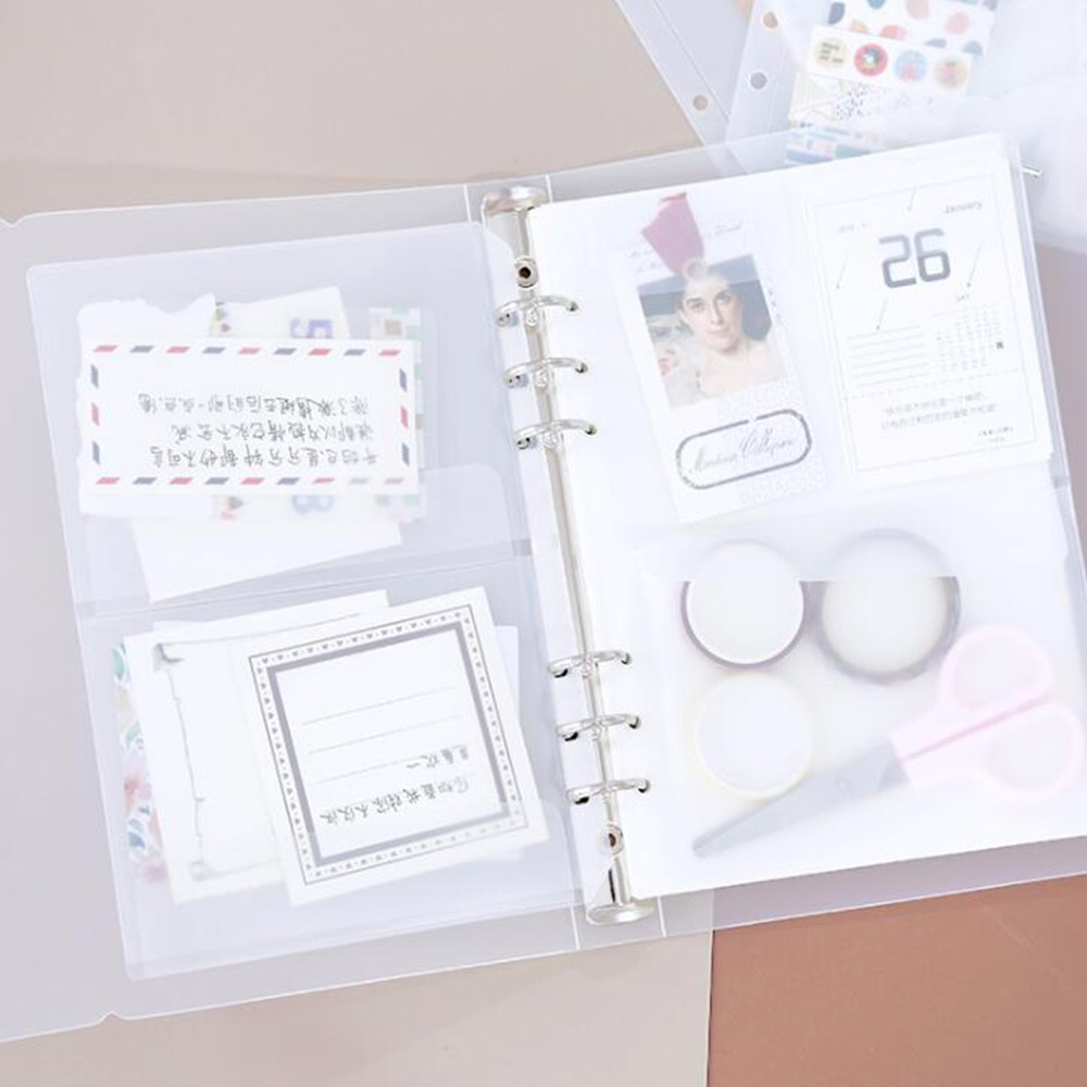 Set 2 túi đựng thẻ / hóa đơn / hình dán A5 / A6 bằng nhựa cho sổ binder và sổ kế hoạch với 6 vòng khoen