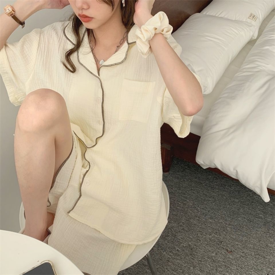 Bộ đồ ngủ 100% Cotton lanh mỏng thoải mái phong cách Hàn Quốc