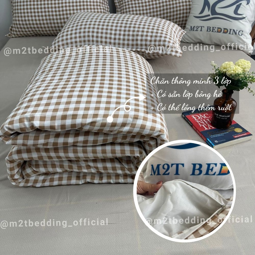 Bộ chăn ga gối Cotton 3D M2T BEDDIND Luxury chăn chần bông thông minh drap giường - CTM Caro nâu be